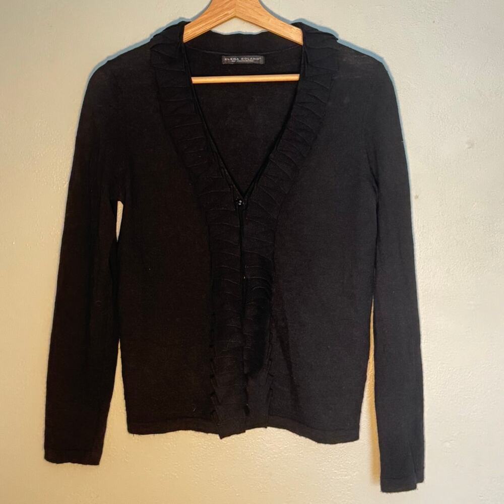 Size M Elena Solano 100% Italian Merino Wool Black Ruffle Button Up Cardigan